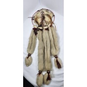 Native American Style Dream Catcher with Fur, Feathers, Beads & Tomahawk